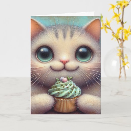 Schattige Kat met Katnip Cupcake Alle Gelegenheden Kaart (Gele Bloem)