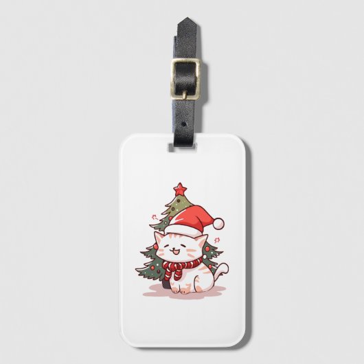 Schattige kat met kerstmuts bij kerstboom bagagelabel (Voorkant (verticaal))