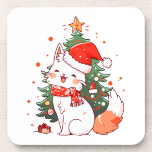 Schattige kat met kerstmuts bij kerstboom bier onderzetter