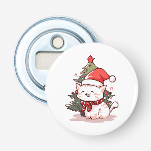 Schattige kat met kerstmuts bij kerstboom button flesopener