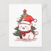 Schattige kat met kerstmuts bij kerstboom informatiekaartje (Achterkant)