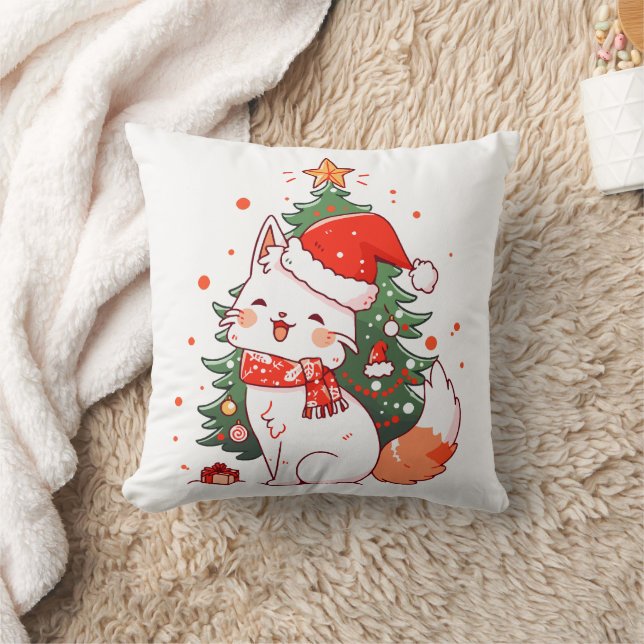 Schattige kat met kerstmuts bij kerstboom kussen (Deken)