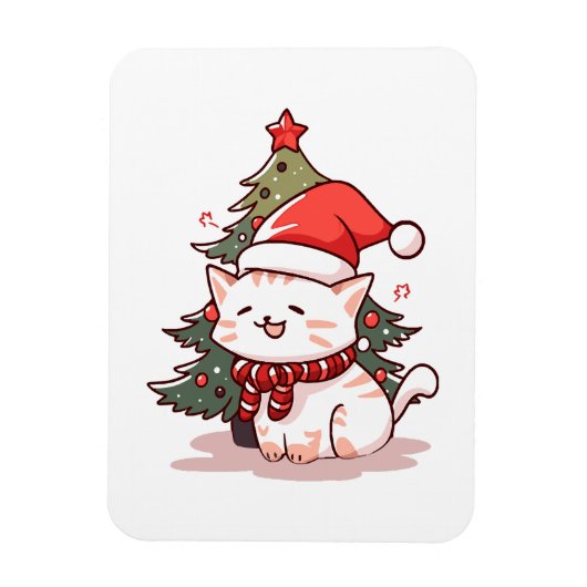Schattige kat met kerstmuts bij kerstboom magneet (Verticaal)