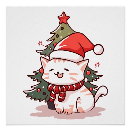 Schattige kat met kerstmuts bij kerstboom perfect poster (Voorkant)