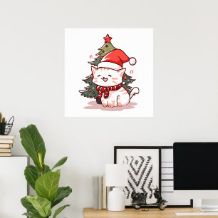 Schattige kat met kerstmuts bij kerstboom poster