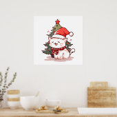 Schattige kat met kerstmuts bij kerstboom poster (Keuken)