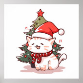 Schattige kat met kerstmuts bij kerstboom poster (Voorkant)