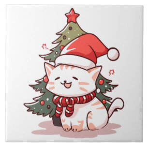 Schattige kat met kerstmuts bij kerstboom tegeltje
