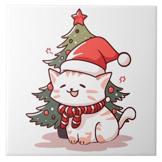 Schattige kat met kerstmuts bij kerstboom tegeltje (Voorkant)