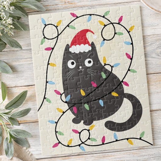 Schattige kat met kerstmuts en lichtjes Kerstmis Legpuzzel