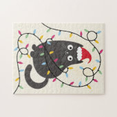 Schattige kat met kerstmuts en lichtjes Kerstmis Legpuzzel (Horizontaal)