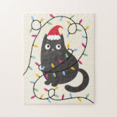 Schattige kat met kerstmuts en lichtjes Kerstmis Legpuzzel (Verticaal)