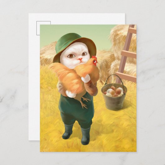 Schattige kat met kip op Boerderij Aankondigingskaart (Voorkant / Achterkant)