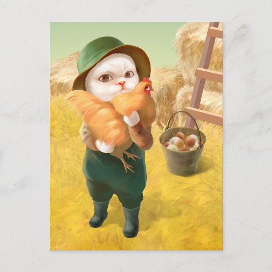 Schattige kat met kip op Boerderij Aankondigingskaart (Voorkant)