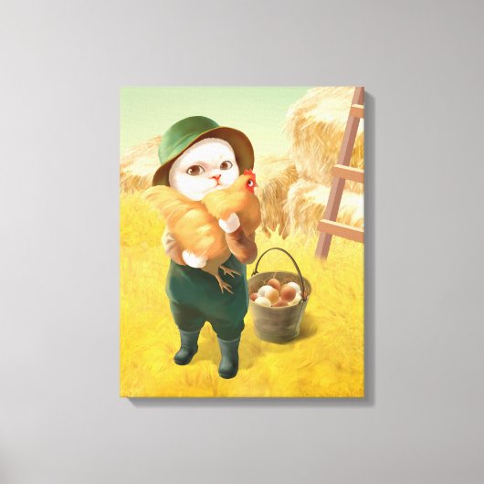 Schattige kat met kip op Boerderij Canvas Afdruk (Voorkant)