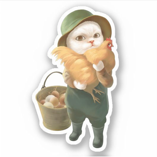 Schattige kat met kip op Boerderij Sticker (Voorkant)