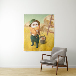 Schattige kat met kip op Boerderij Wandkleed