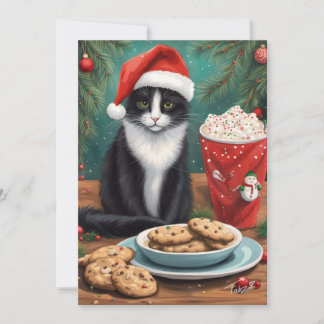 Schattige kat met koekjes en kerstmuts feestdagenkaart