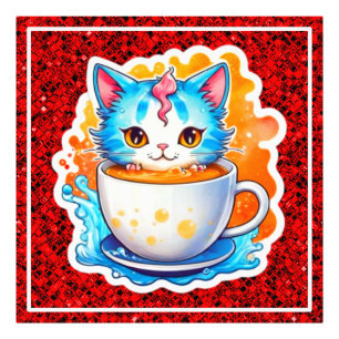 Schattige Kat Met Koffiekopje Cartoon Ontwerp-9467 Foto Afdruk