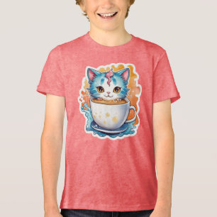 Schattige Kat Met Koffiekopje Cartoon Ontwerp-9467 Tri-Blend Shirt
