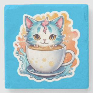 Schattige Kat Met Koffiemok Cartoon Ontwerp-94678 Stenen Onderzetter