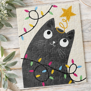 Schattige kat met lichten en kerstboomtop kerstfee legpuzzel