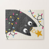 Schattige kat met lichten en kerstboomtop kerstfee legpuzzel (Horizontaal)