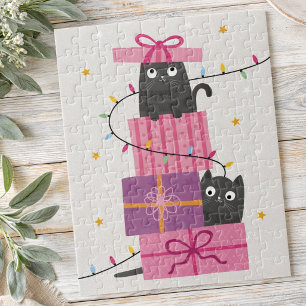 Schattige kat met lichten en kerstcadeaus legpuzzel