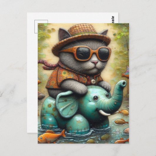 Schattige kat met op olifant floatie briefkaart (Voorkant / Achterkant)