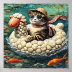 Schattige kat met op schapenfloatie poster
