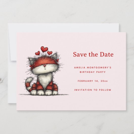 Schattige kat met rode liefdesharten save the date (Voorkant)