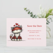 Schattige kat met rode liefdesharten save the date (Staand voorkant)