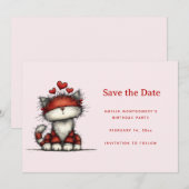 Schattige kat met rode liefdesharten save the date (Voorkant / Achterkant)