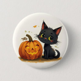 Schattige Kat met Uitgesneden Pompoen Ronde Button 5,7 Cm
