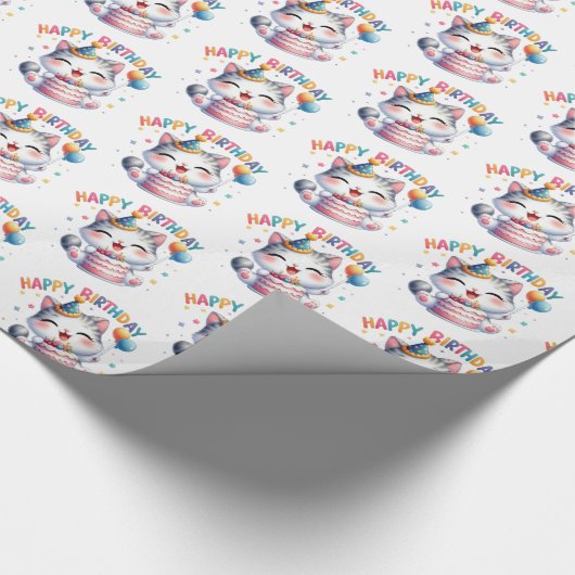 Schattige kat met verjaardagstaart en ballonnen cadeaupapier (Hoek)