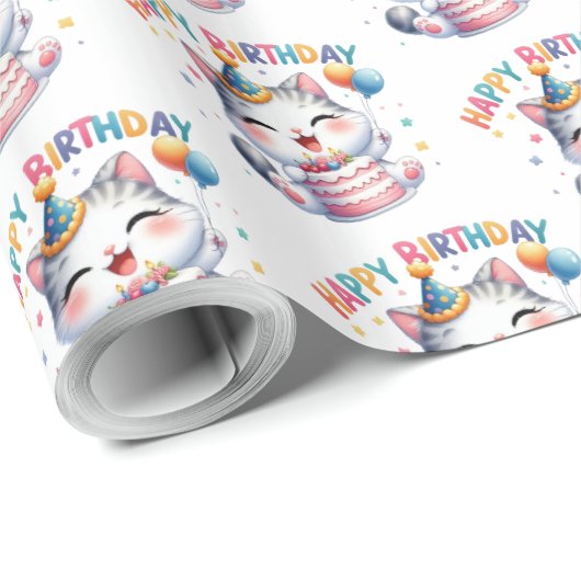 Schattige kat met verjaardagstaart en ballonnen cadeaupapier (Rol Hoek)