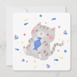 Schattige Kat met vis in zomerillustratie Kaart