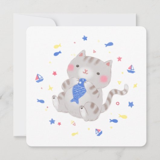 Schattige Kat met vis in zomerillustratie Kaart (Voorkant)