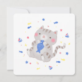 Schattige Kat met vis in zomerillustratie Kaart