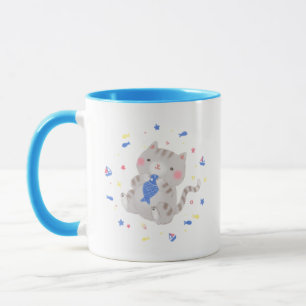 Schattige Kat met vis in zomerillustratie Mok
