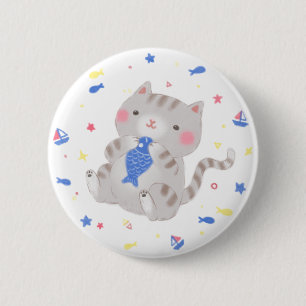 Schattige Kat met vis in zomerillustratie Ronde Button 5,7 Cm