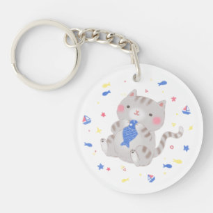 Schattige Kat met vis in zomerillustratie Sleutelhanger
