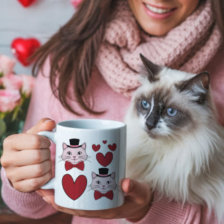 Schattige kat met vlinderdas en harten valentijnsd koffiemok