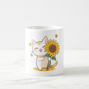 Schattige kat met zonnebloem Kawaii-ontwerp Koffiemok