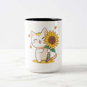 Schattige kat met zonnebloem Kawaii-ontwerp Tweekleurige Koffiemok