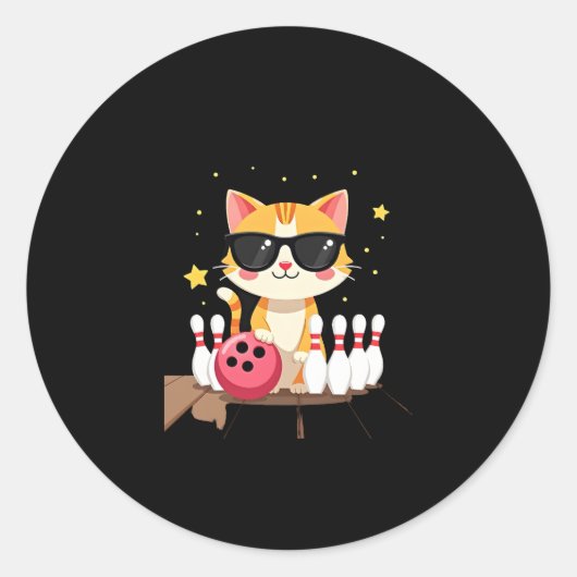 Schattige Kat Met Zonnebril Kat Speelt Bowling Voo Ronde Sticker (Voorkant)