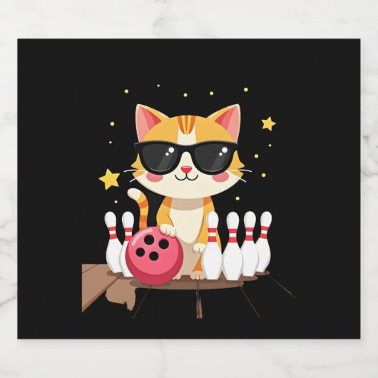 Schattige kat met zonnebril Kat speelt bowling voo Sparkling Wijnetiket (Enkel label)