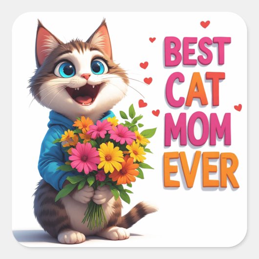Schattige Kat Moeder Kitty Met Bloem Harten 🐱 Vierkante Sticker (Voorkant)