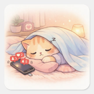 Schattige Kat Negeert Telefoon Introvert Antisocia Vierkante Sticker