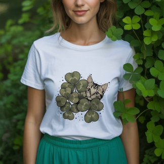 Schattige kat omringd door groene klaverblaadjes Tri-Blend shirt